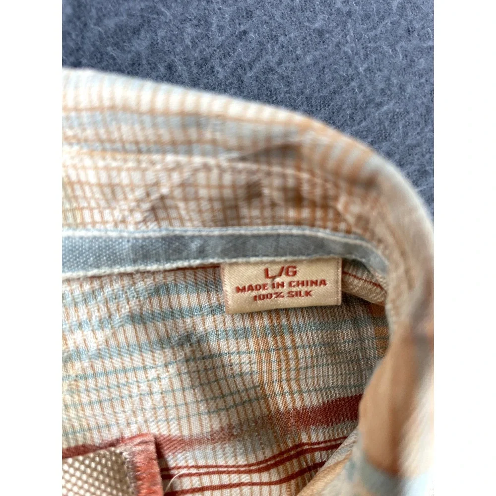 Tommy Bahama Button Up Shirt Men's L Silk Orange‎ Plaid Camp Lightweight Beach